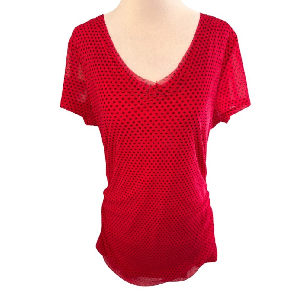 New York & Company Red Polka‎ Dot Mesh V-Neck Ruched Side Top Large